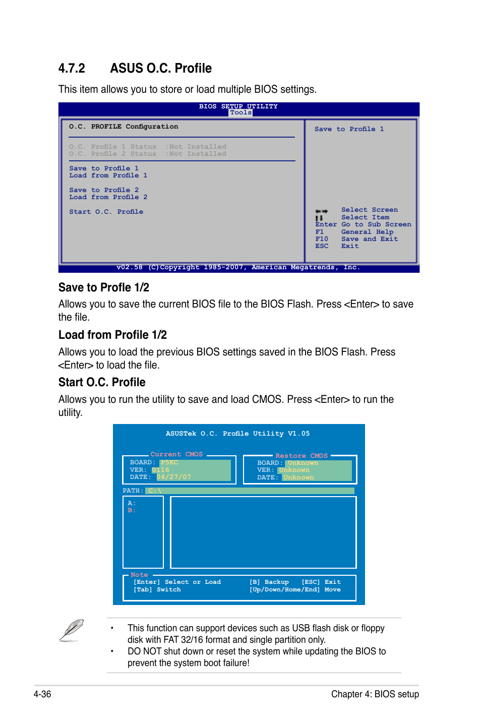 2 asus o.c. profile, Save to profle 1/2, Load from profile 1/2 | Start o.c. profile | Asus P5KC User Manual | Page 106 / 154