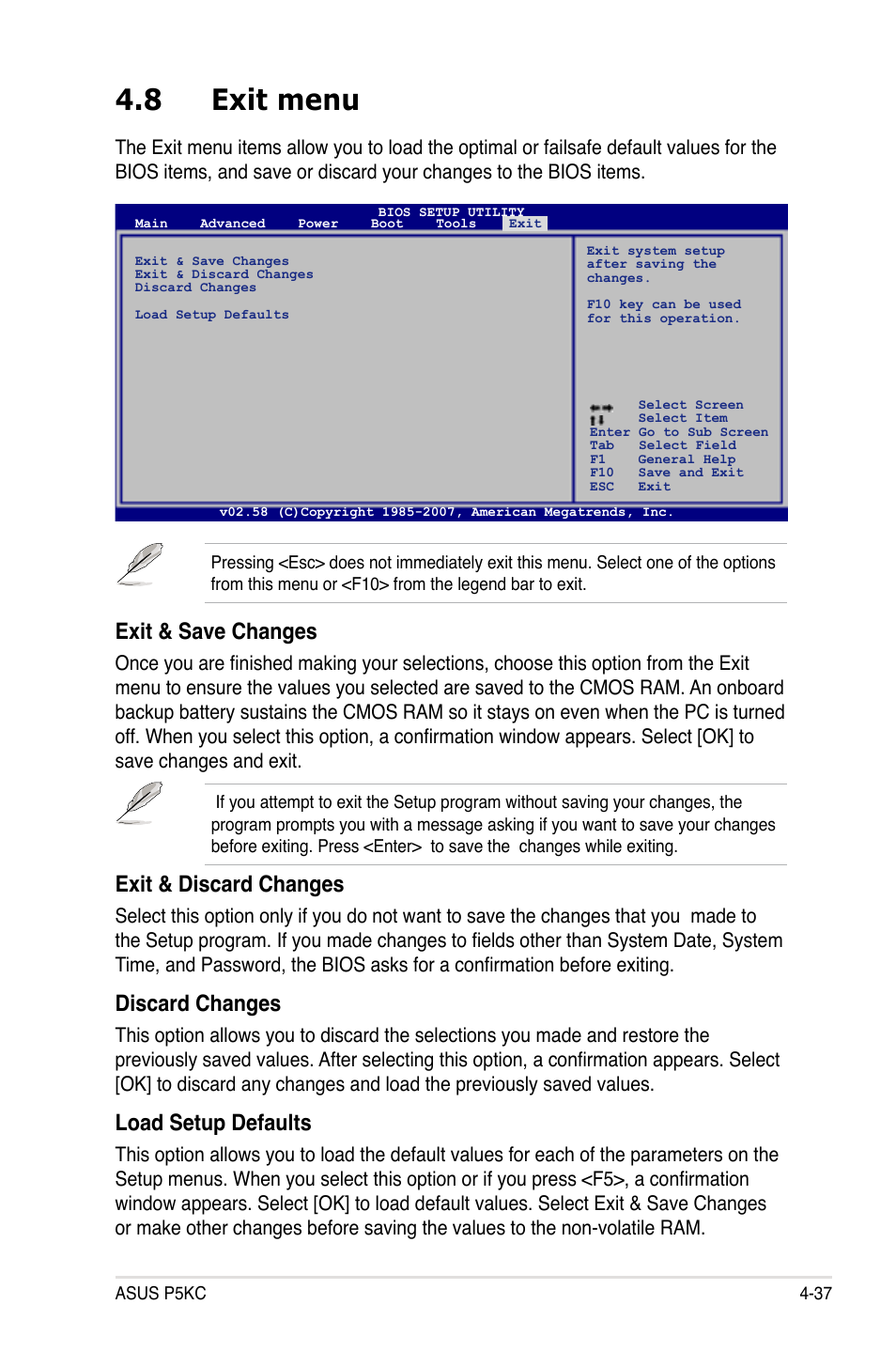 8 exit menu, Exit & save changes, Exit & discard changes | Discard changes, Load setup defaults | Asus P5KC User Manual | Page 107 / 154