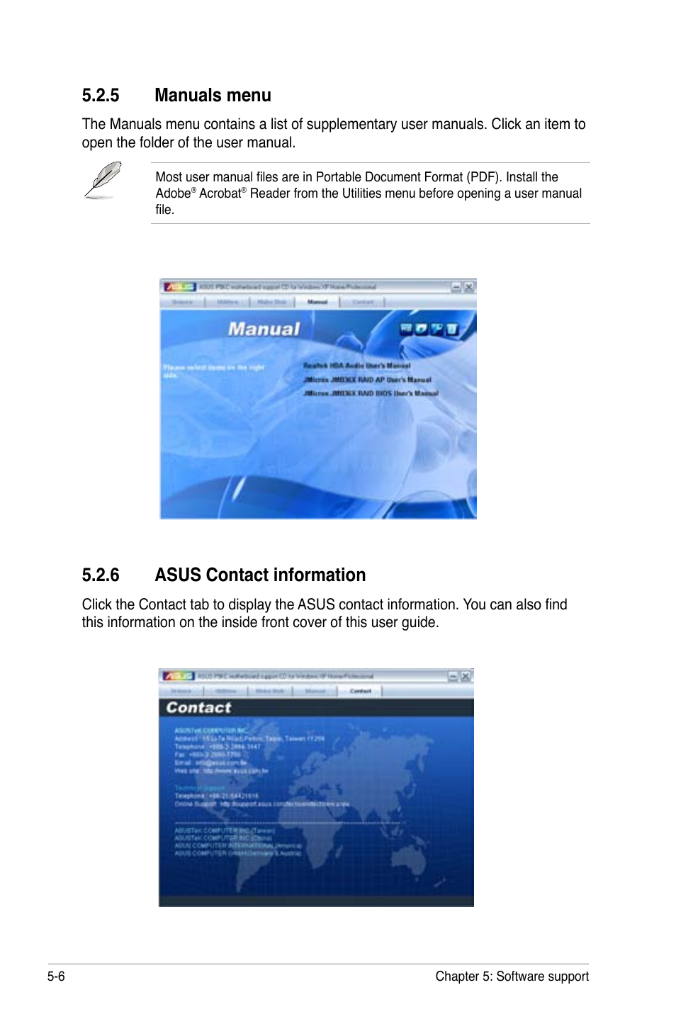 6 asus contact information, 5 manuals menu | Asus P5KC User Manual | Page 116 / 154