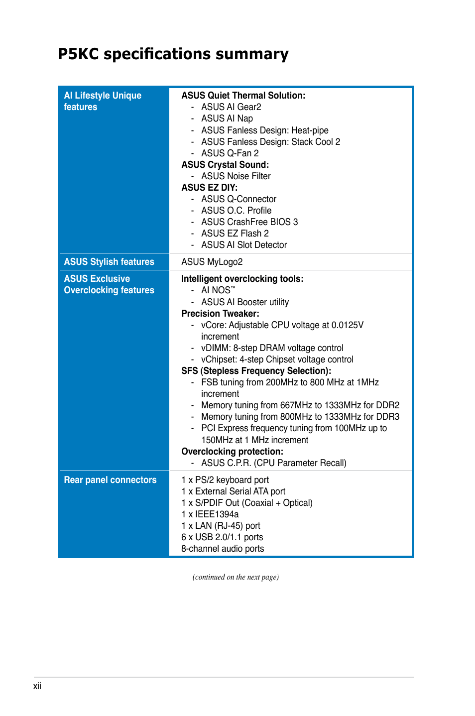 P5kc specifications summary | Asus P5KC User Manual | Page 12 / 154