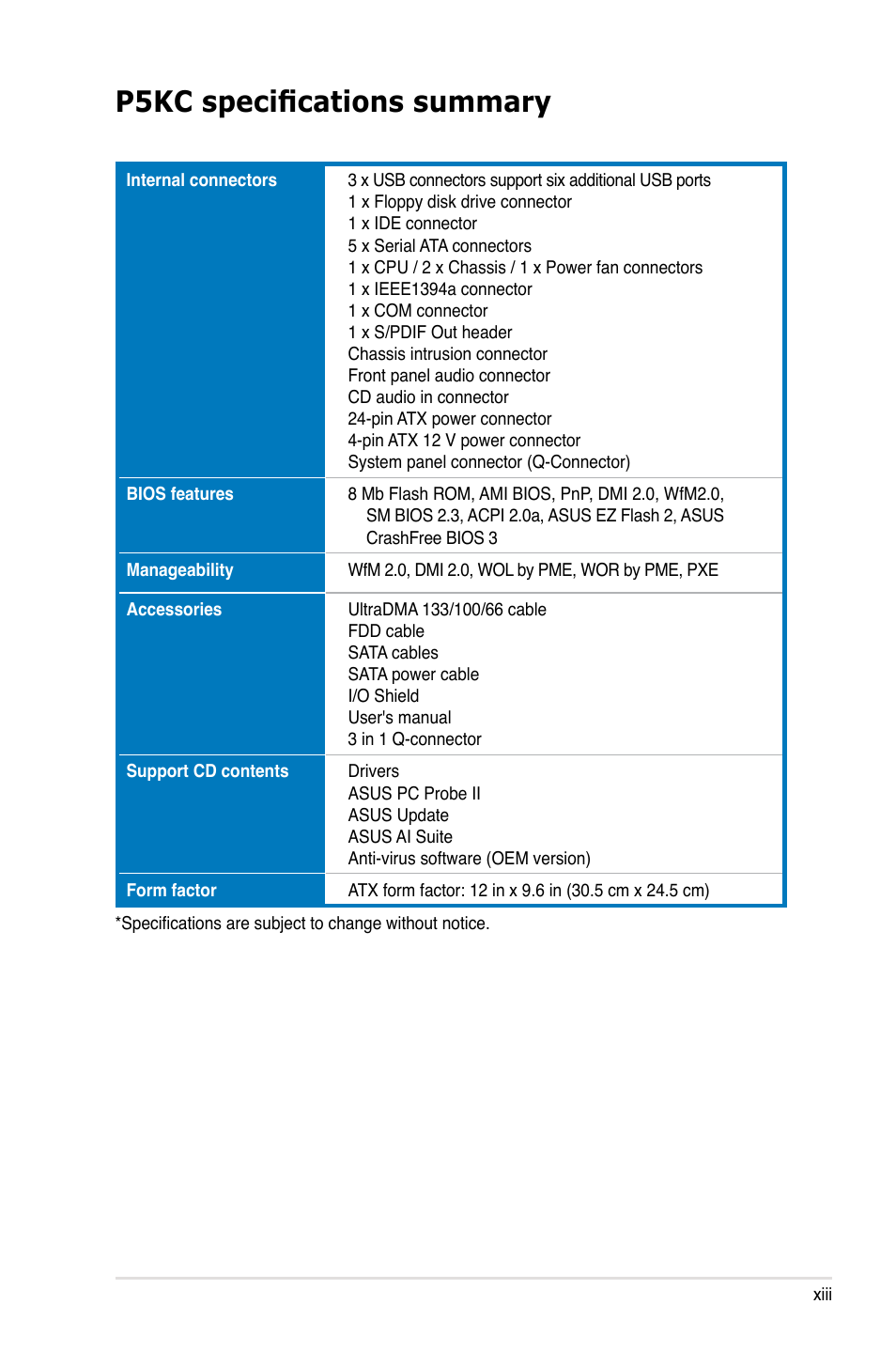 P5kc specifications summary | Asus P5KC User Manual | Page 13 / 154