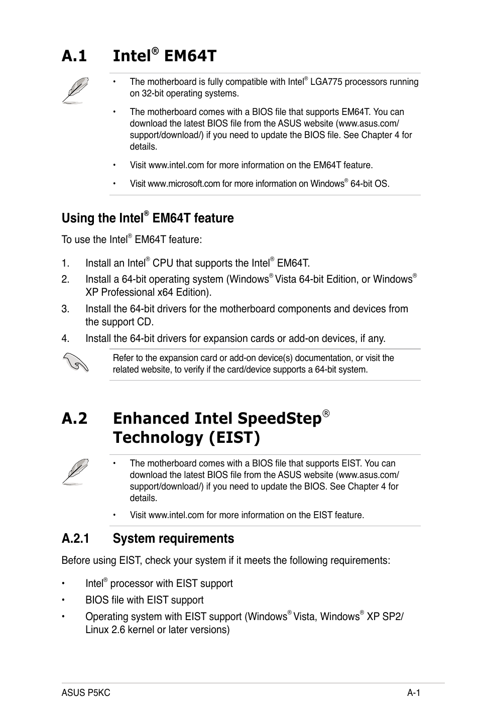 A.1 intel, Em64t, A.2 enhanced intel speedstep | Technology (eist), Using the intel, Em64t feature, A.2.1 system requirements | Asus P5KC User Manual | Page 151 / 154