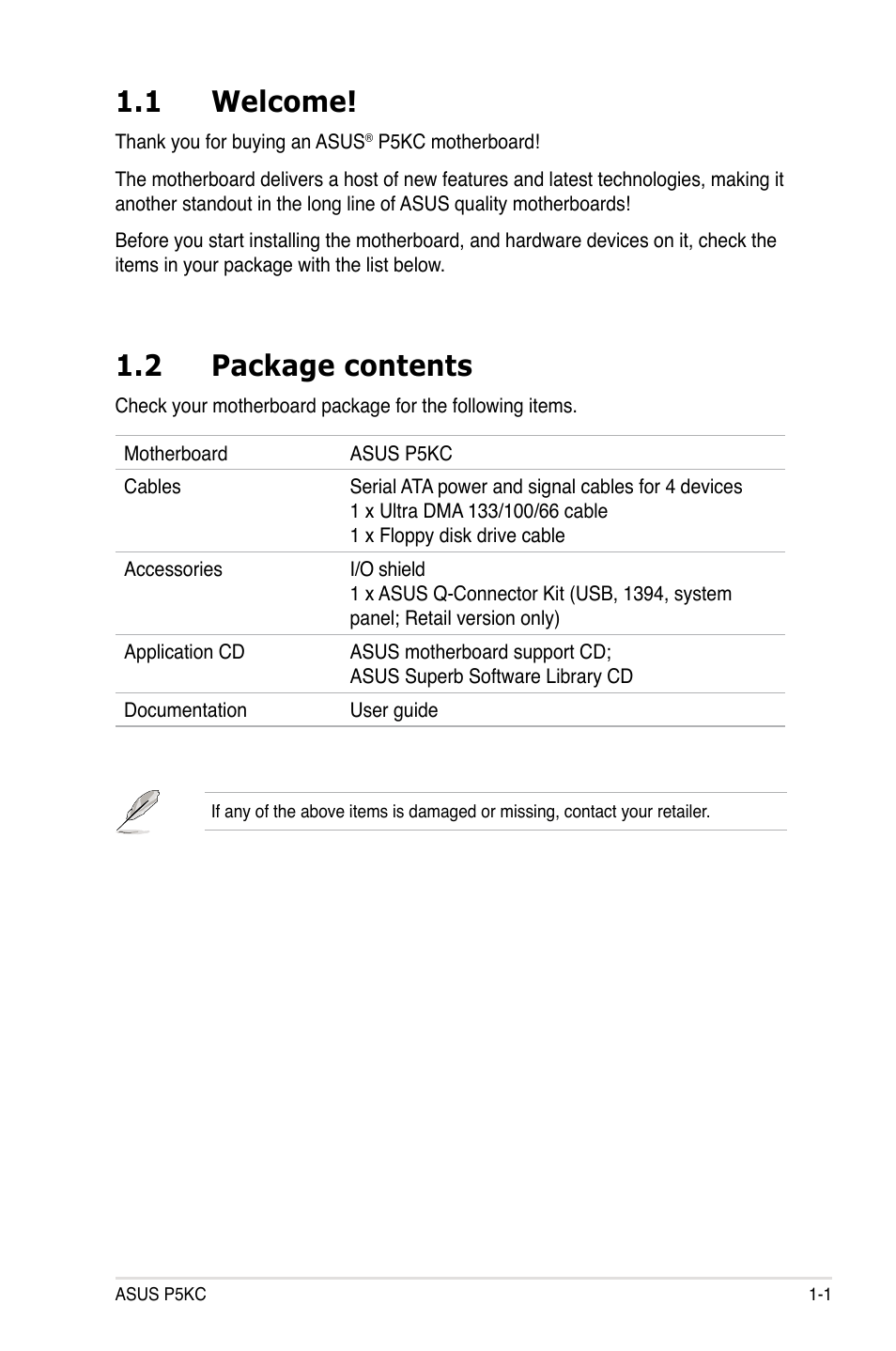1 welcome, 2 package contents | Asus P5KC User Manual | Page 17 / 154