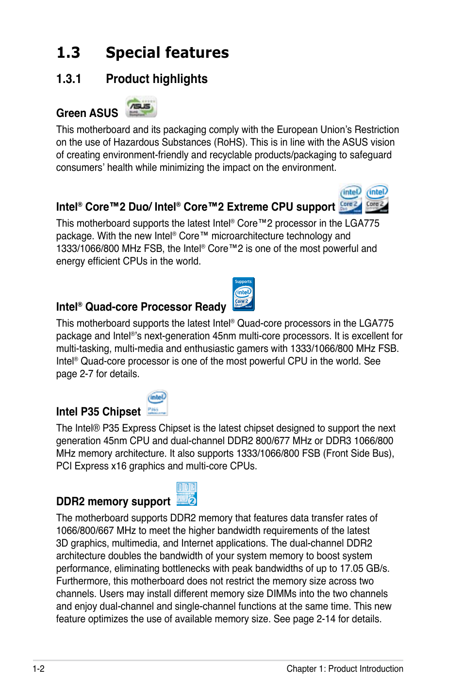 3 special features, 1 product highlights, Green asus | Intel, Core™2 duo/ intel, Core™2 extreme cpu support, Quad-core processor ready, Intel p35 chipset | Asus P5KC User Manual | Page 18 / 154