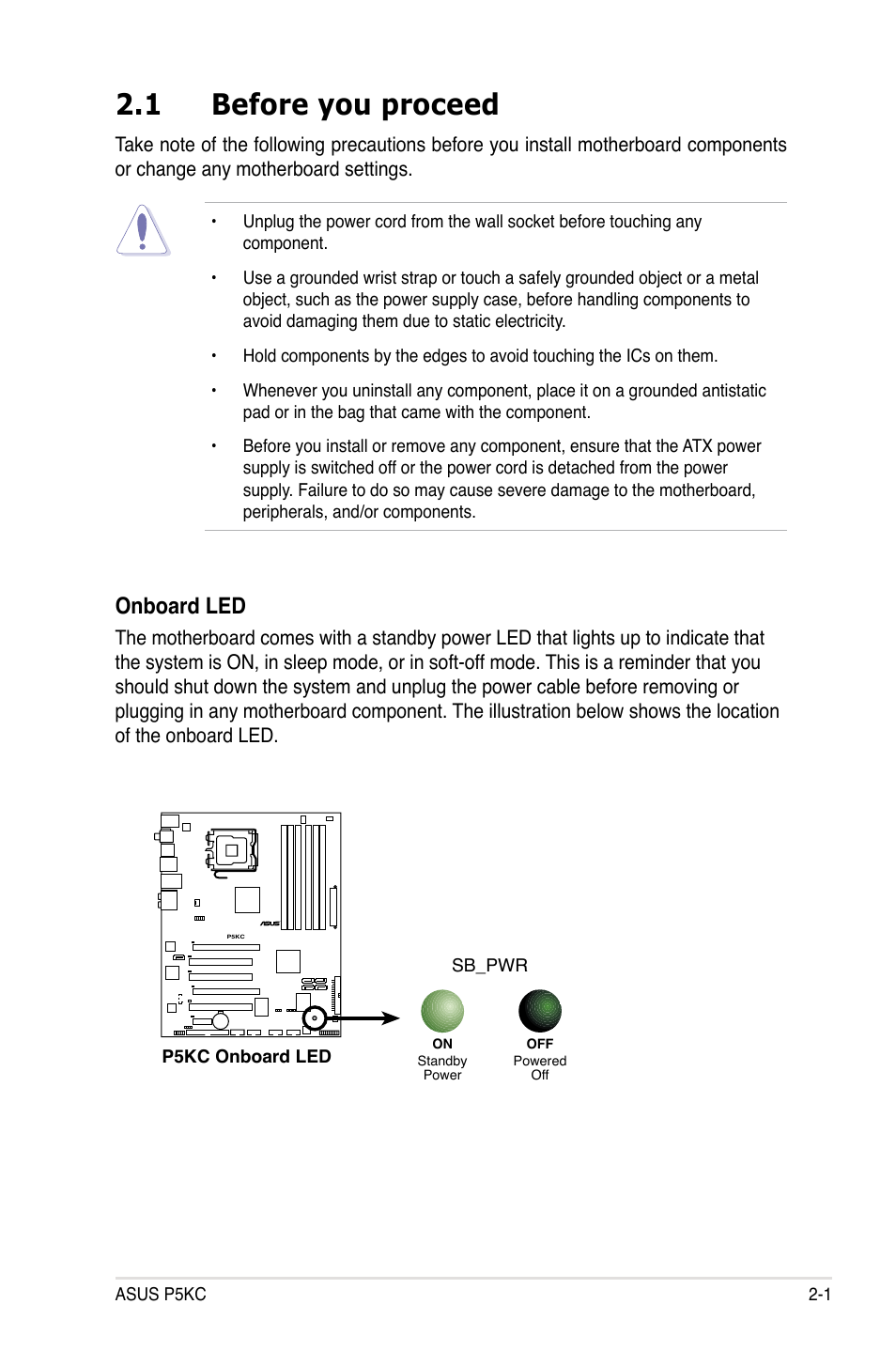 1 before you proceed, Onboard led | Asus P5KC User Manual | Page 25 / 154