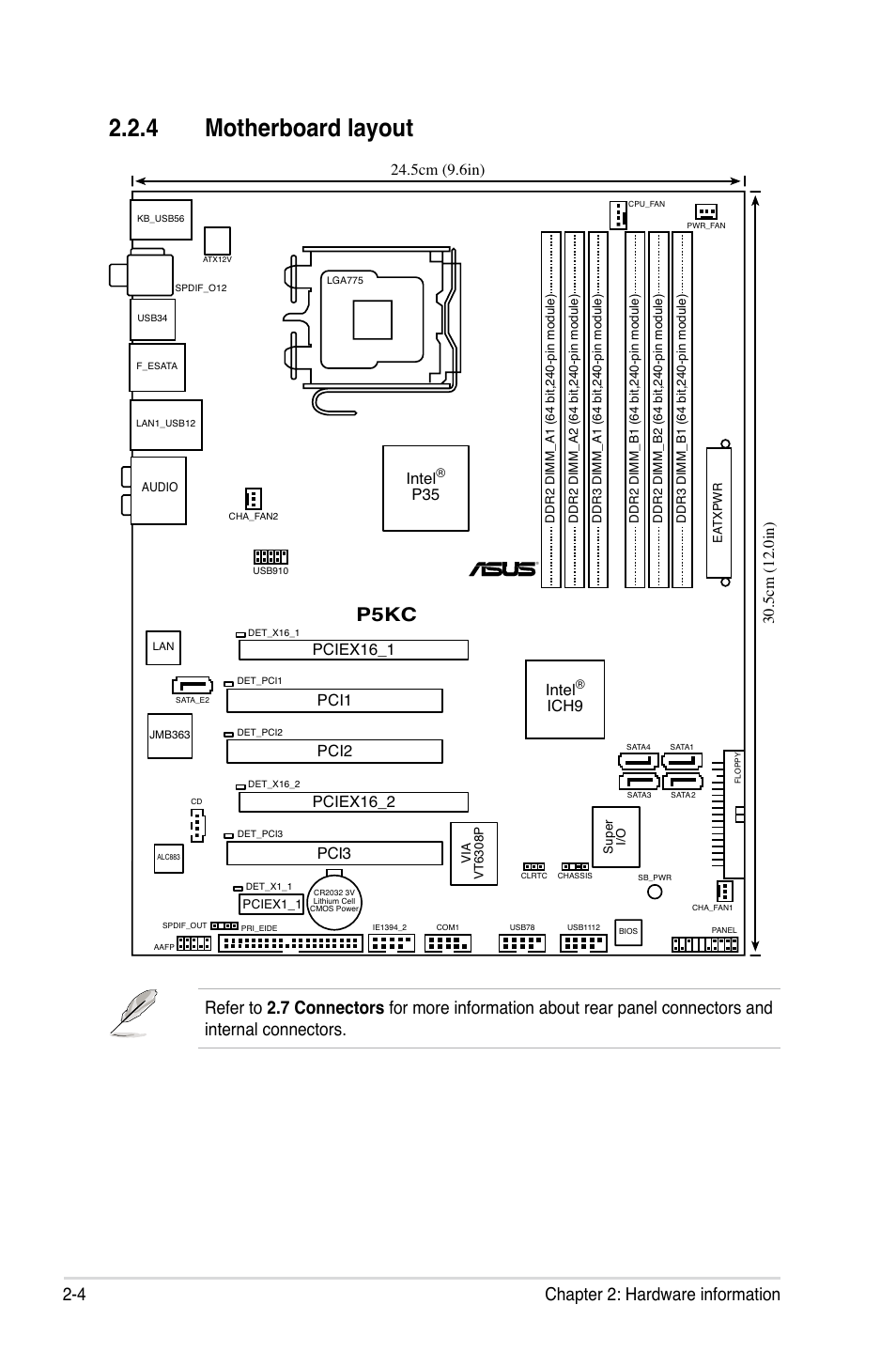 4 motherboard layout, P5kc, 4 chapter 2: hardware information | Intel, Ich9, P35 pci1, Pciex16_2 | Asus P5KC User Manual | Page 28 / 154