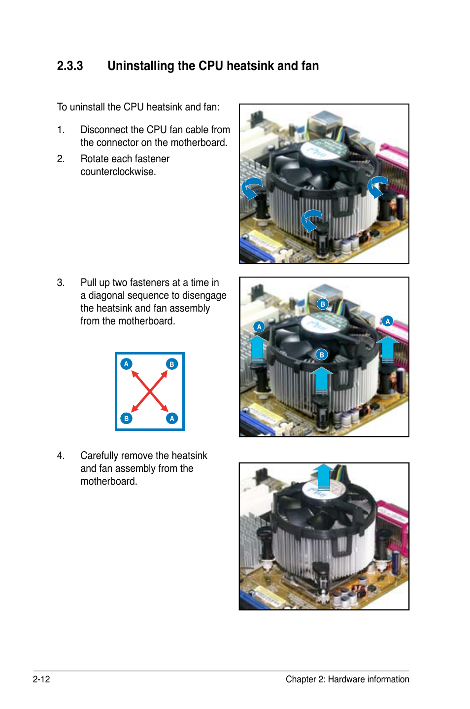 3 uninstalling the cpu heatsink and fan | Asus P5KC User Manual | Page 36 / 154