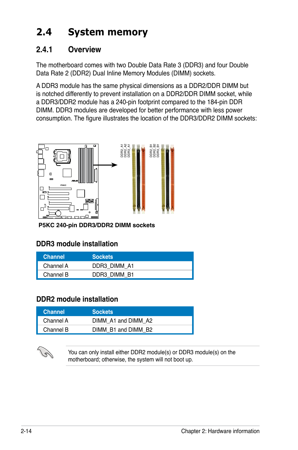 1 overview, Ddr3 module installation ddr2 module installation | Asus P5KC User Manual | Page 38 / 154