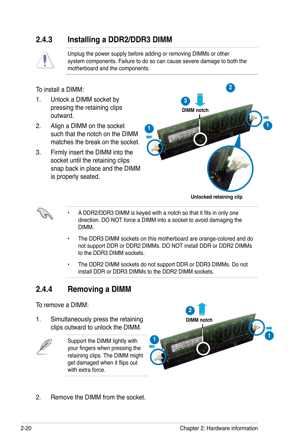 3 installing a ddr2/ddr3 dimm, 4 removing a dimm | Asus P5KC User Manual | Page 44 / 154