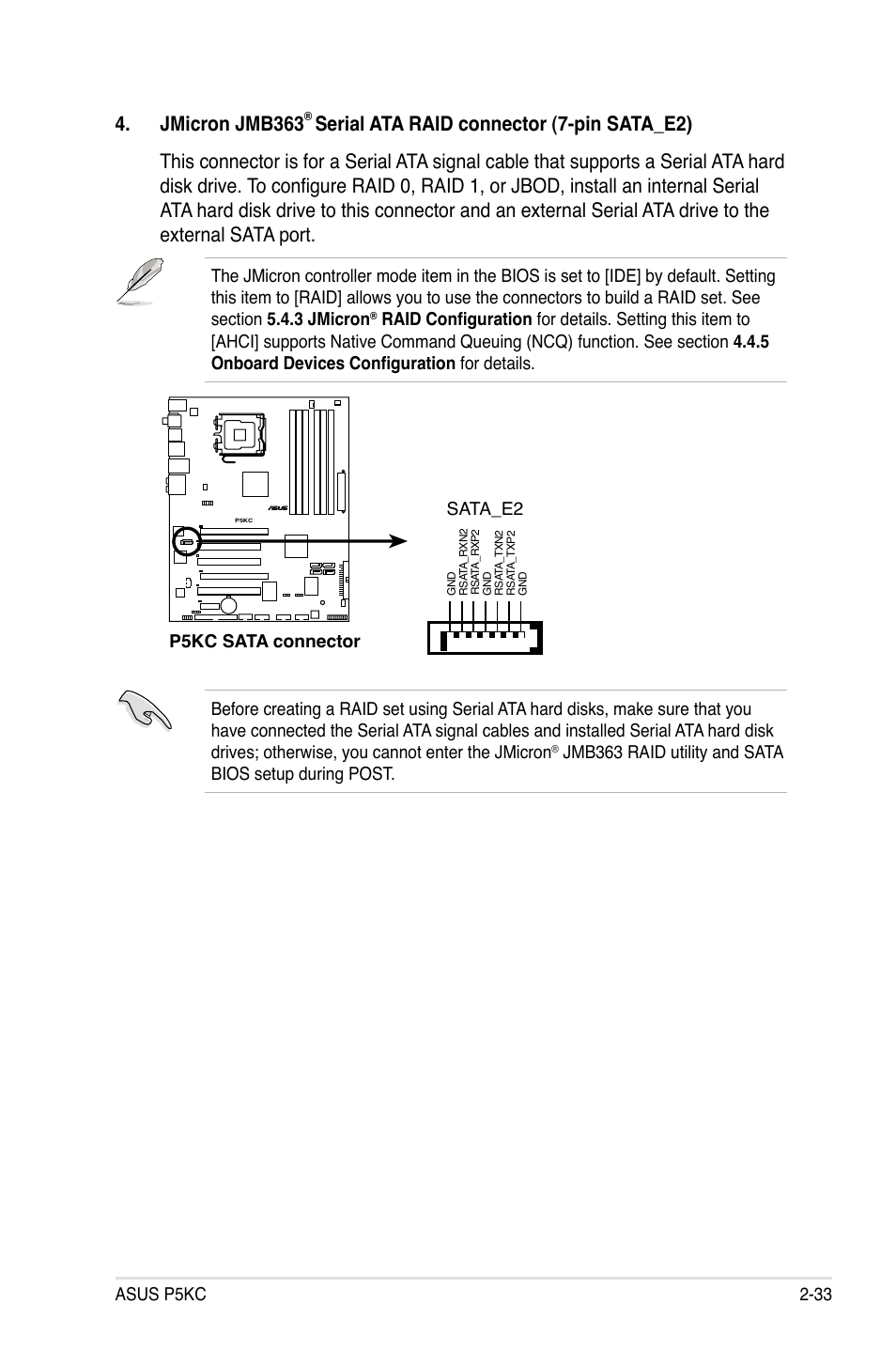 Jmicron jmb363, Asus p5kc 2-33, P5kc sata connector sata_e2 | Asus P5KC User Manual | Page 57 / 154