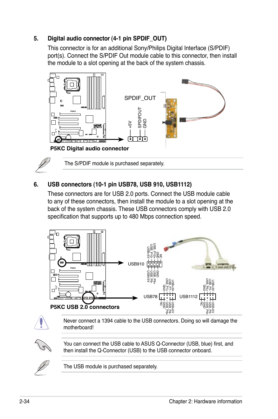 34 chapter 2: hardware information, The s/pdif module is purchased separately, P5kc digital audio connector | Spdif_out, P5kc usb 2.0 connectors | Asus P5KC User Manual | Page 58 / 154