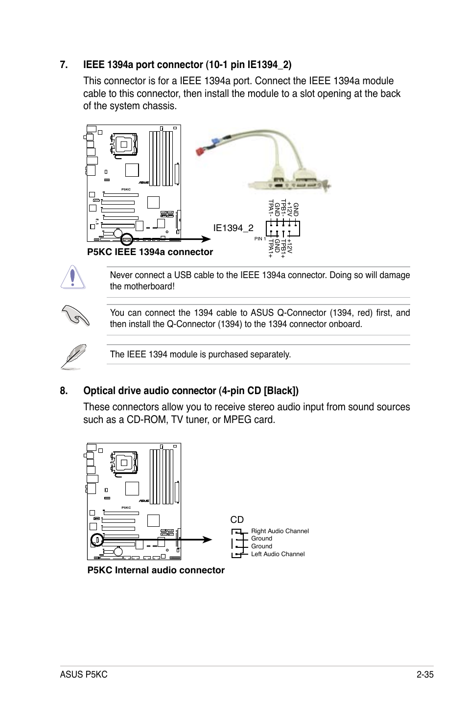 Asus p5kc 2-35, P5kc internal audio connector cd | Asus P5KC User Manual | Page 59 / 154