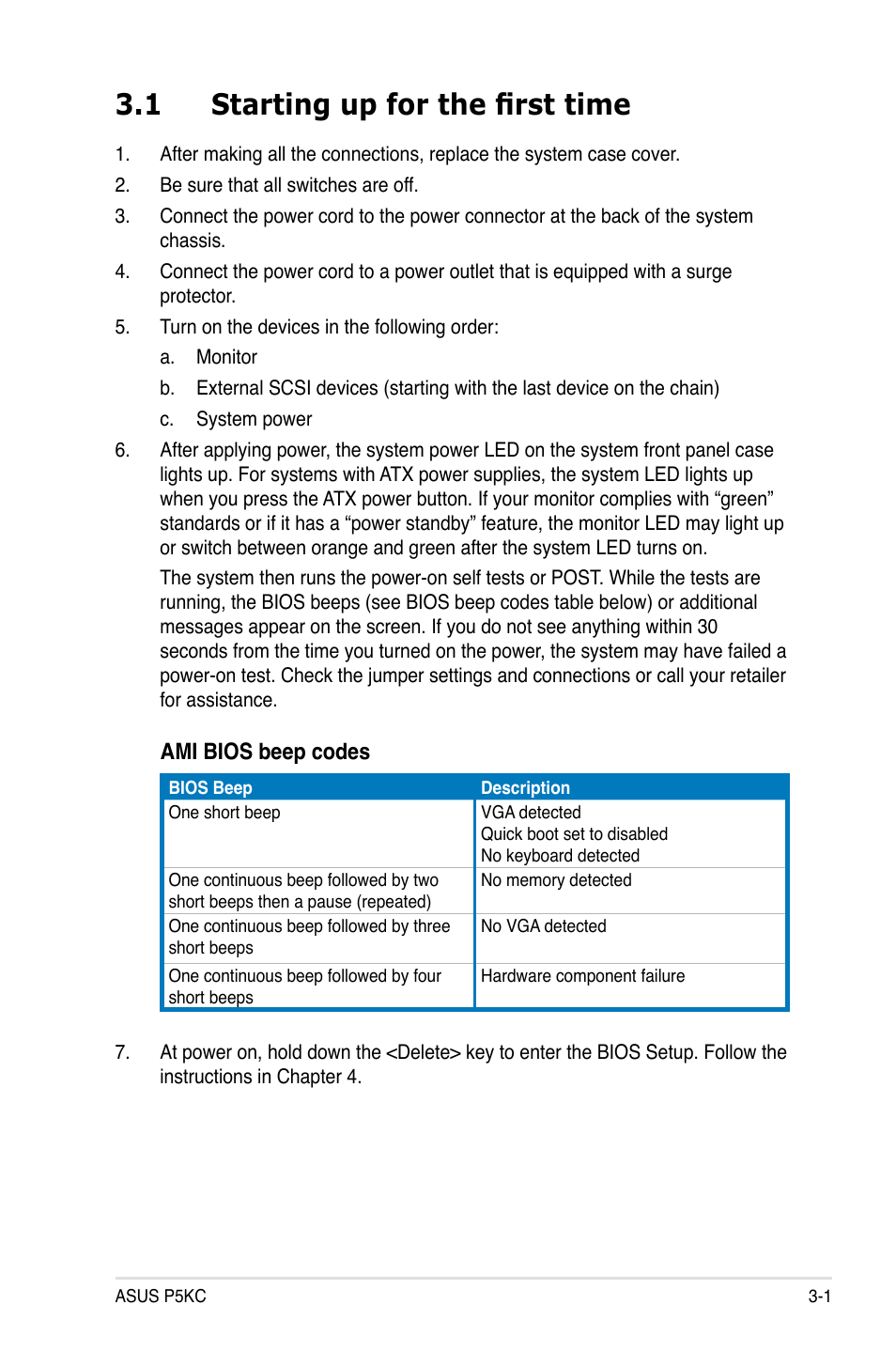 1 starting up for the first time | Asus P5KC User Manual | Page 67 / 154