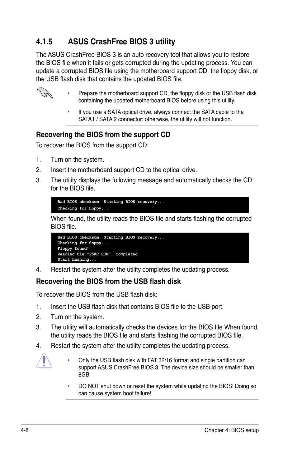 5 asus crashfree bios 3 utility, Recovering the bios from the support cd, Recovering the bios from the usb flash disk | Asus P5KC User Manual | Page 78 / 154