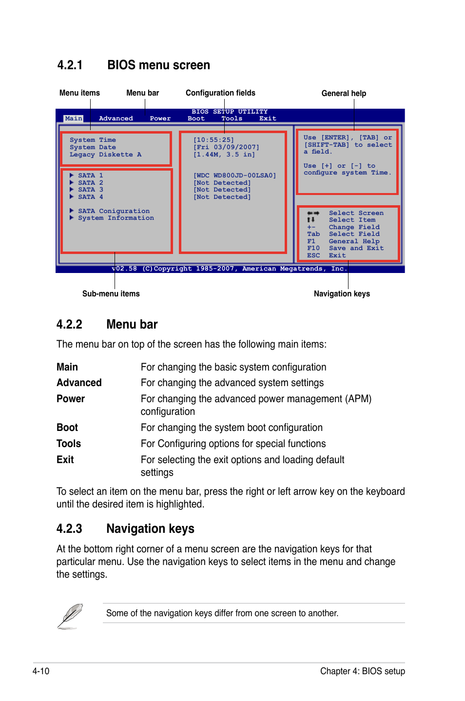 2 menu bar, 3 navigation keys, 1 bios menu screen | Asus P5KC User Manual | Page 80 / 154