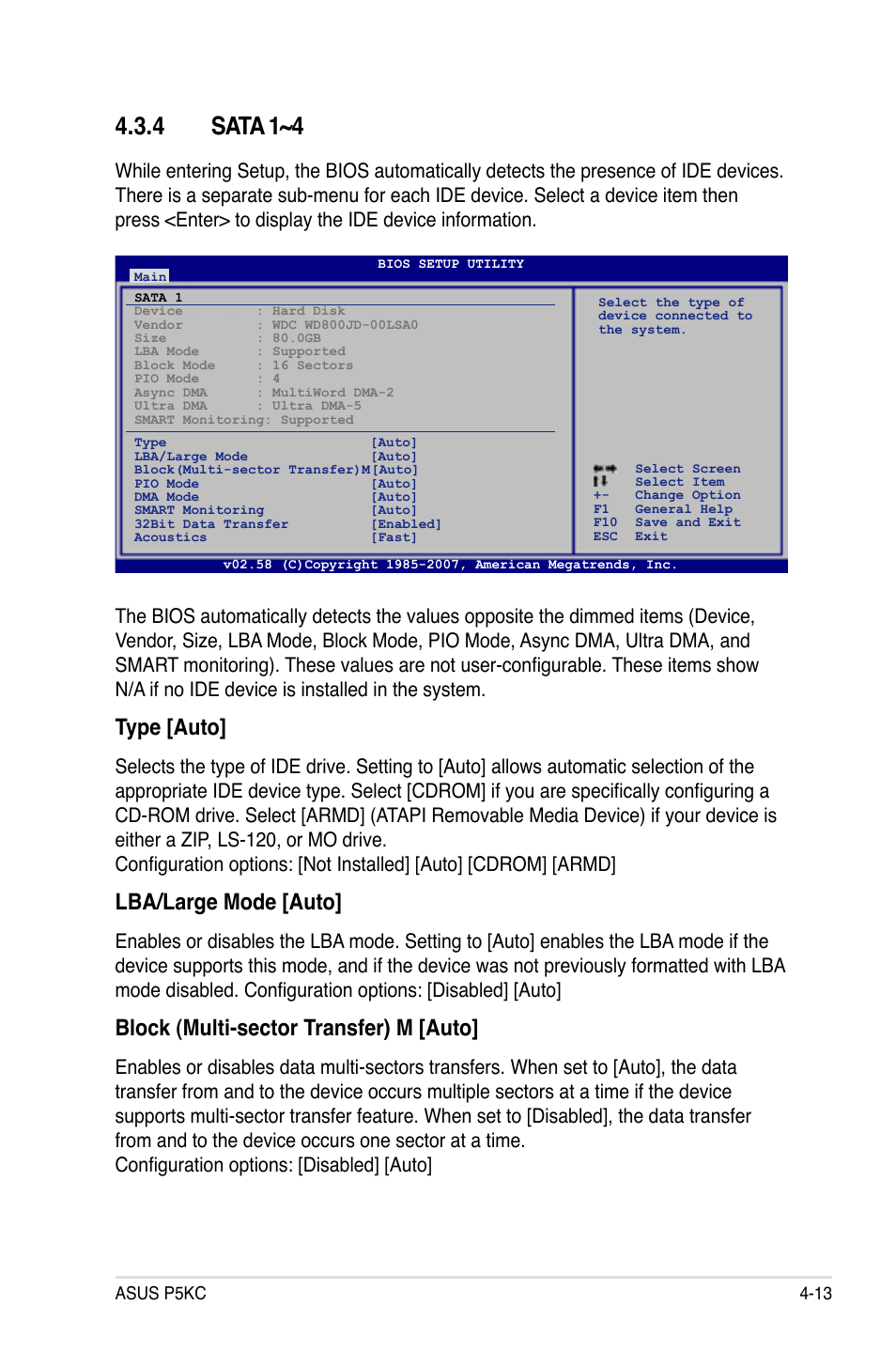 4 sata 1~4, Type [auto, Lba/large mode [auto | Block (multi-sector transfer) m [auto | Asus P5KC User Manual | Page 83 / 154