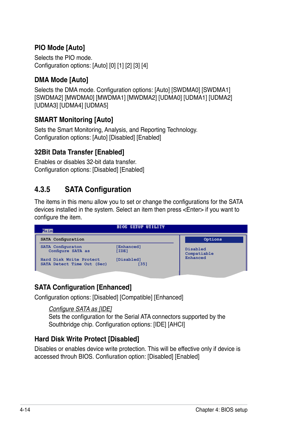 5 sata configuration, Pio mode [auto, Dma mode [auto | Smart monitoring [auto, 32bit data transfer [enabled, Sata configuration [enhanced, Hard disk write protect [disabled | Asus P5KC User Manual | Page 84 / 154