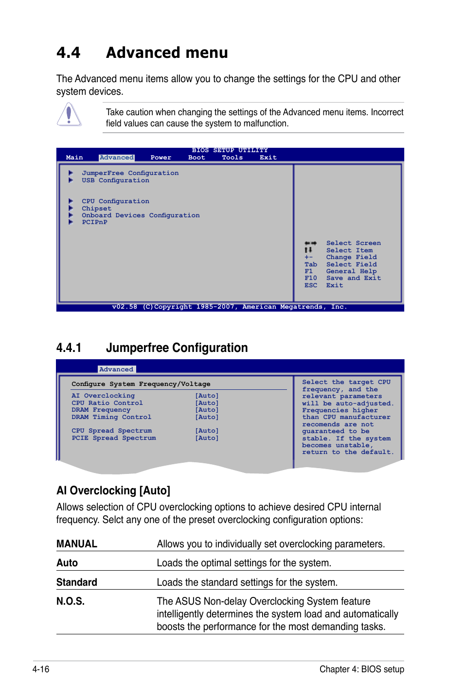 4 advanced menu, 1 jumperfree configuration, Ai overclocking [auto | Asus P5KC User Manual | Page 86 / 154