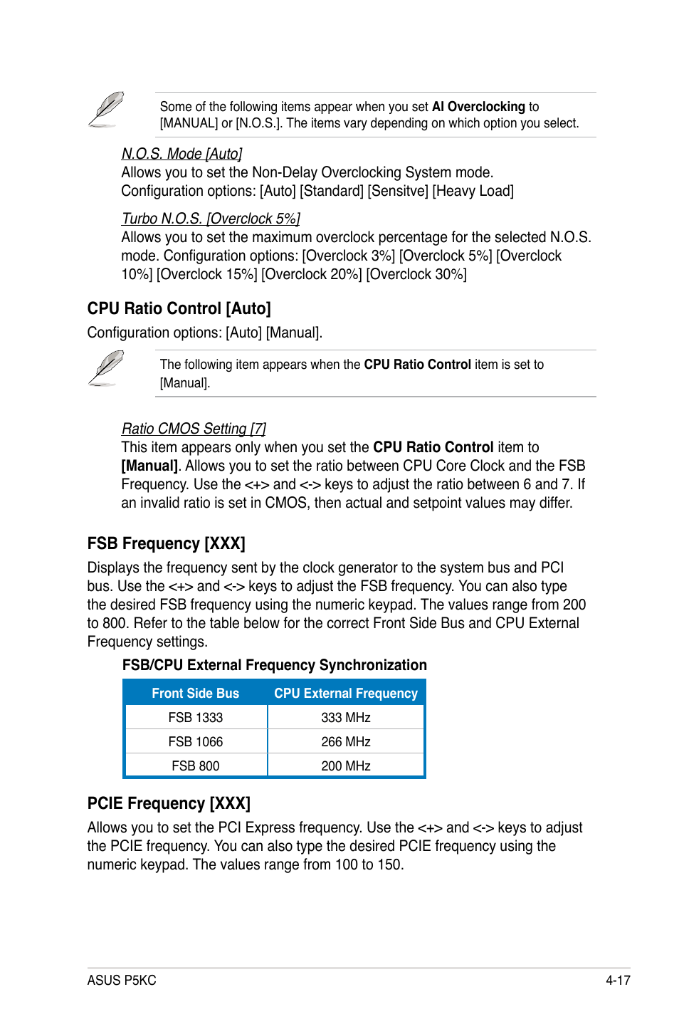 Fsb frequency [xxx, Pcie frequency [xxx, Cpu ratio control [auto | Asus P5KC User Manual | Page 87 / 154