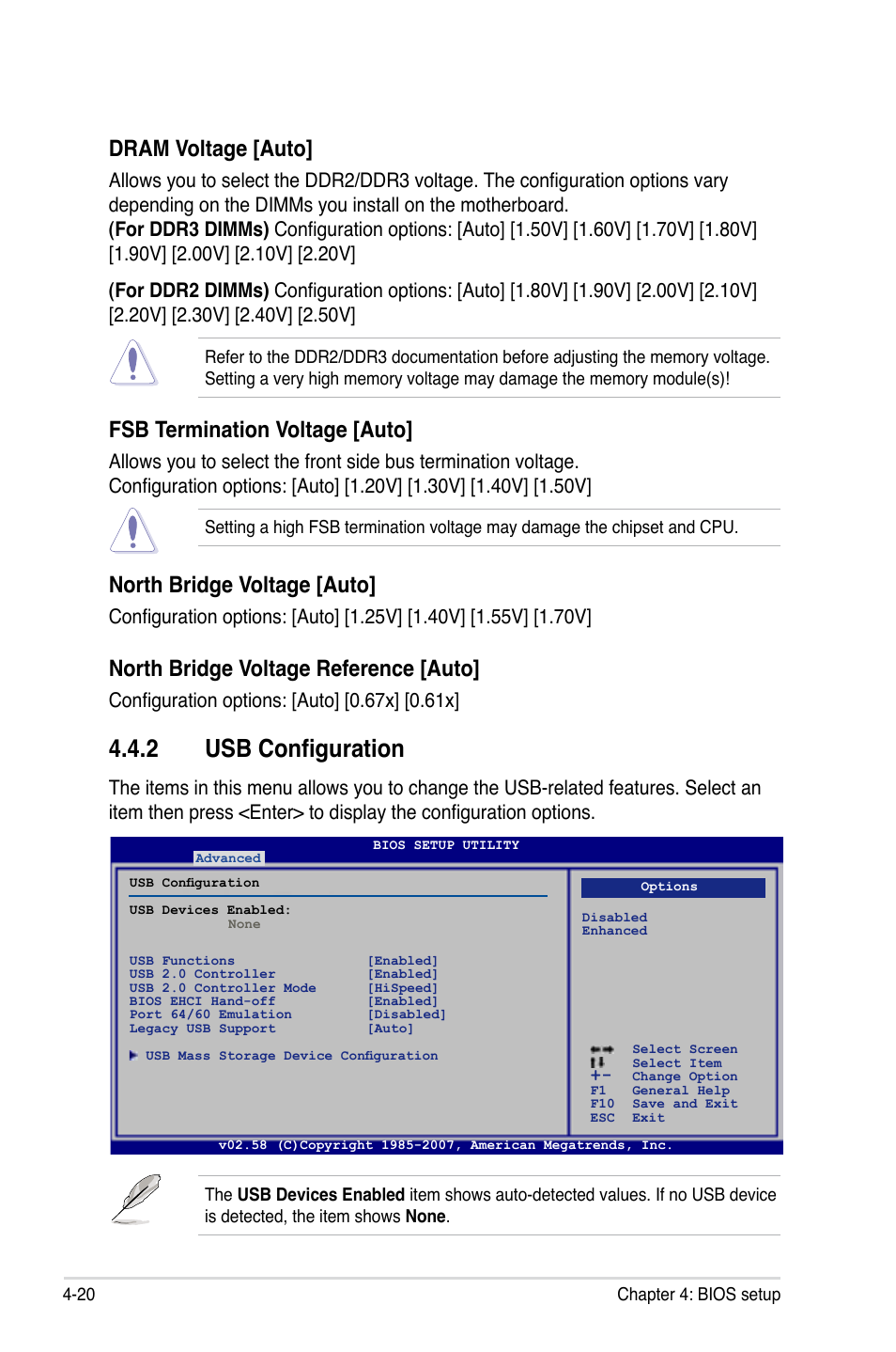 2 usb configuration, Dram voltage [auto, Fsb termination voltage [auto | North bridge voltage [auto, North bridge voltage reference [auto | Asus P5KC User Manual | Page 90 / 154