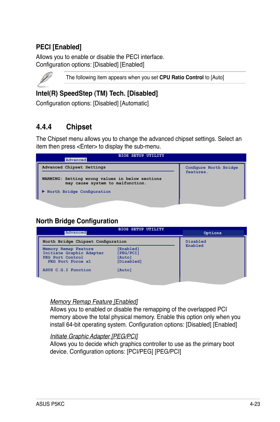 4 chipset, North bridge configuration, Peci [enabled | Intel(r) speedstep (tm) tech. [disabled, Configuration options: [disabled] [automatic | Asus P5KC User Manual | Page 93 / 154