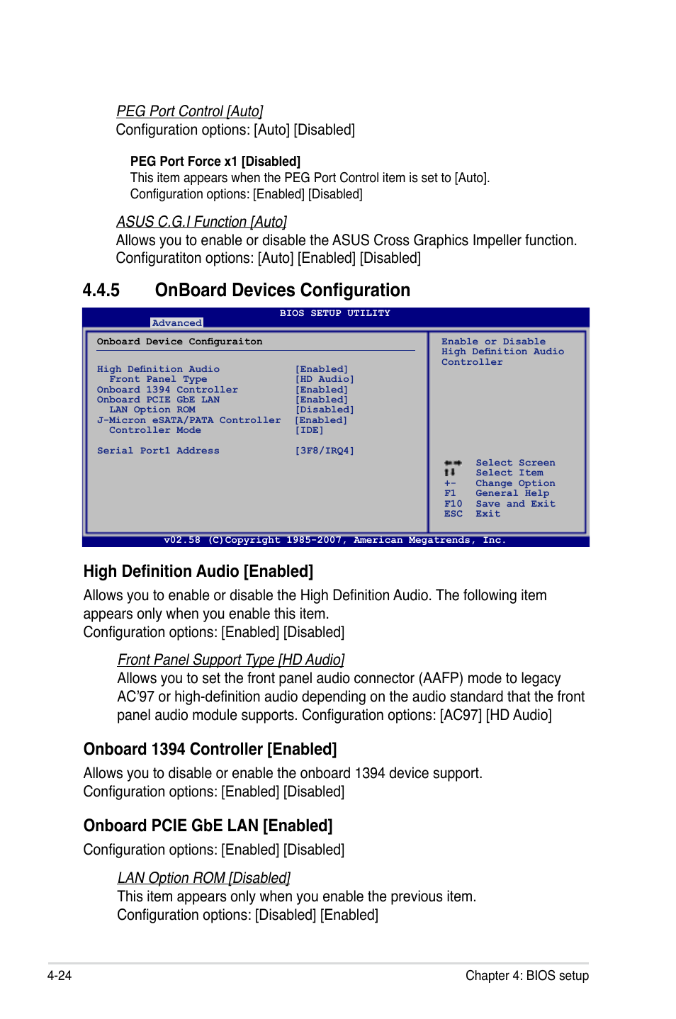 5 onboard devices configuration, High definition audio [enabled, Onboard 1394 controller [enabled | Onboard pcie gbe lan [enabled | Asus P5KC User Manual | Page 94 / 154