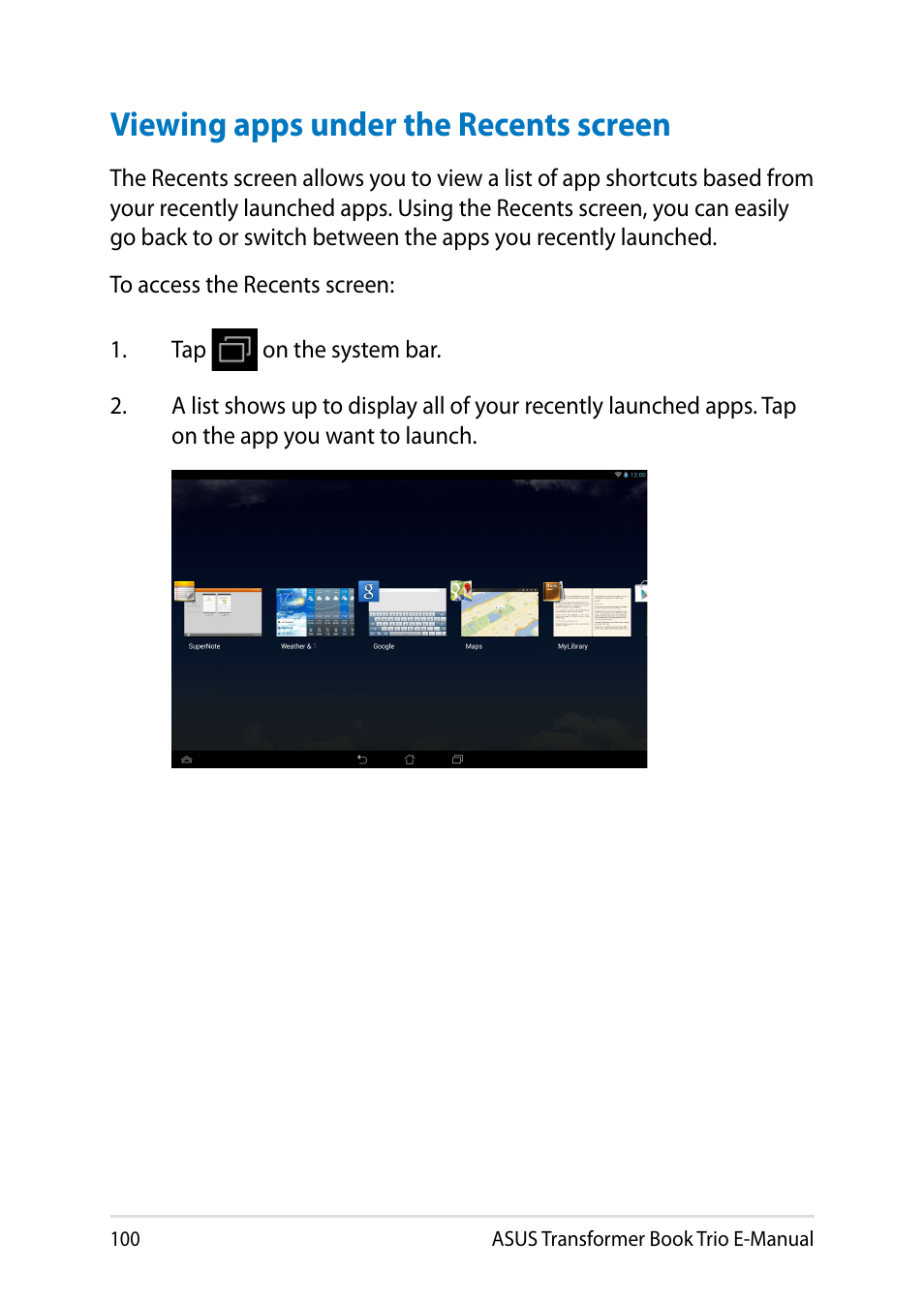 Viewing apps under the recents screen, 100 asus transformer book trio e-manual | Asus TX201LA User Manual | Page 100 / 154