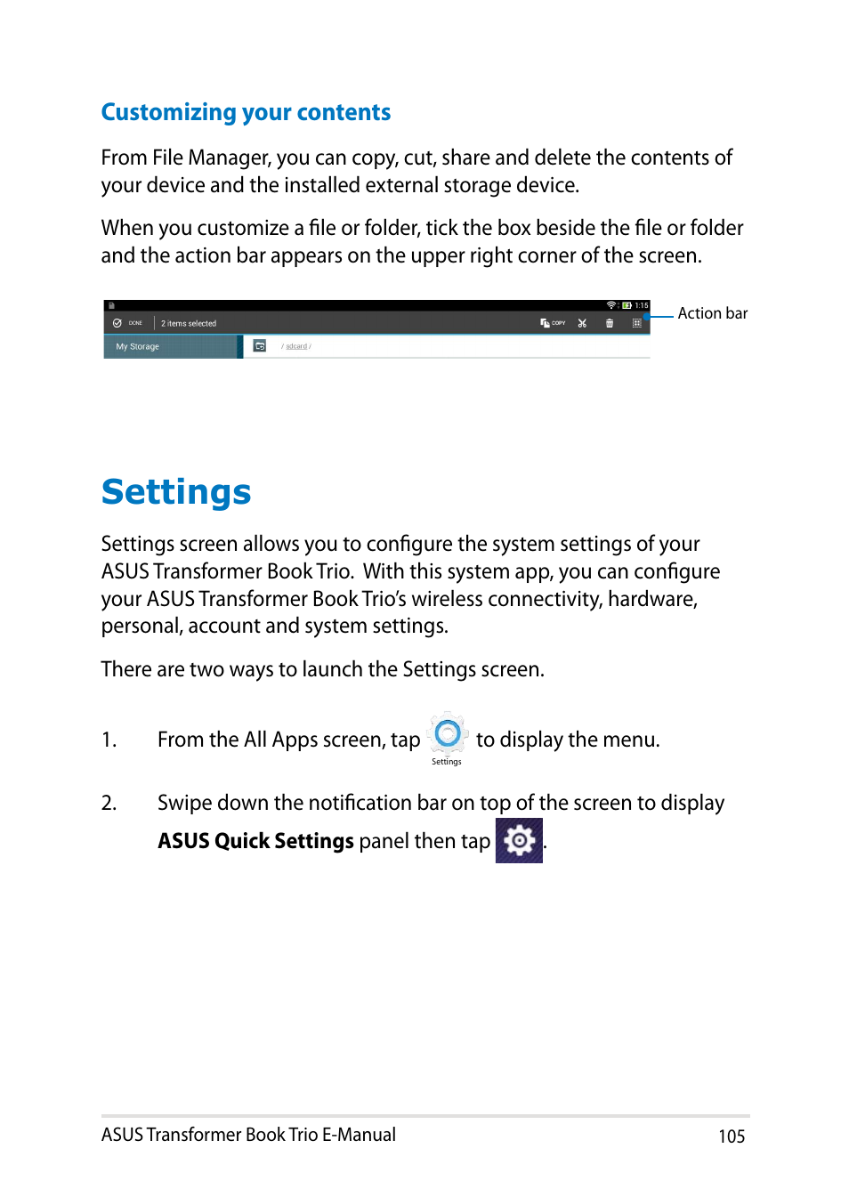 Settings, Customizing your contents | Asus TX201LA User Manual | Page 105 / 154