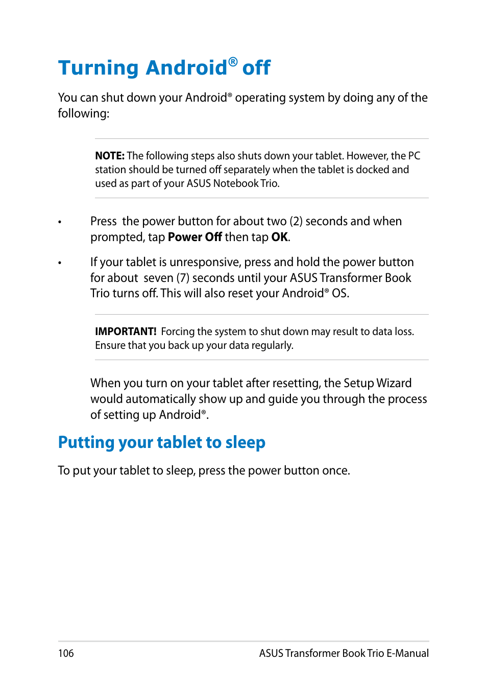 Turning android® off, Putting your tablet to sleep, Turning android | Asus TX201LA User Manual | Page 106 / 154