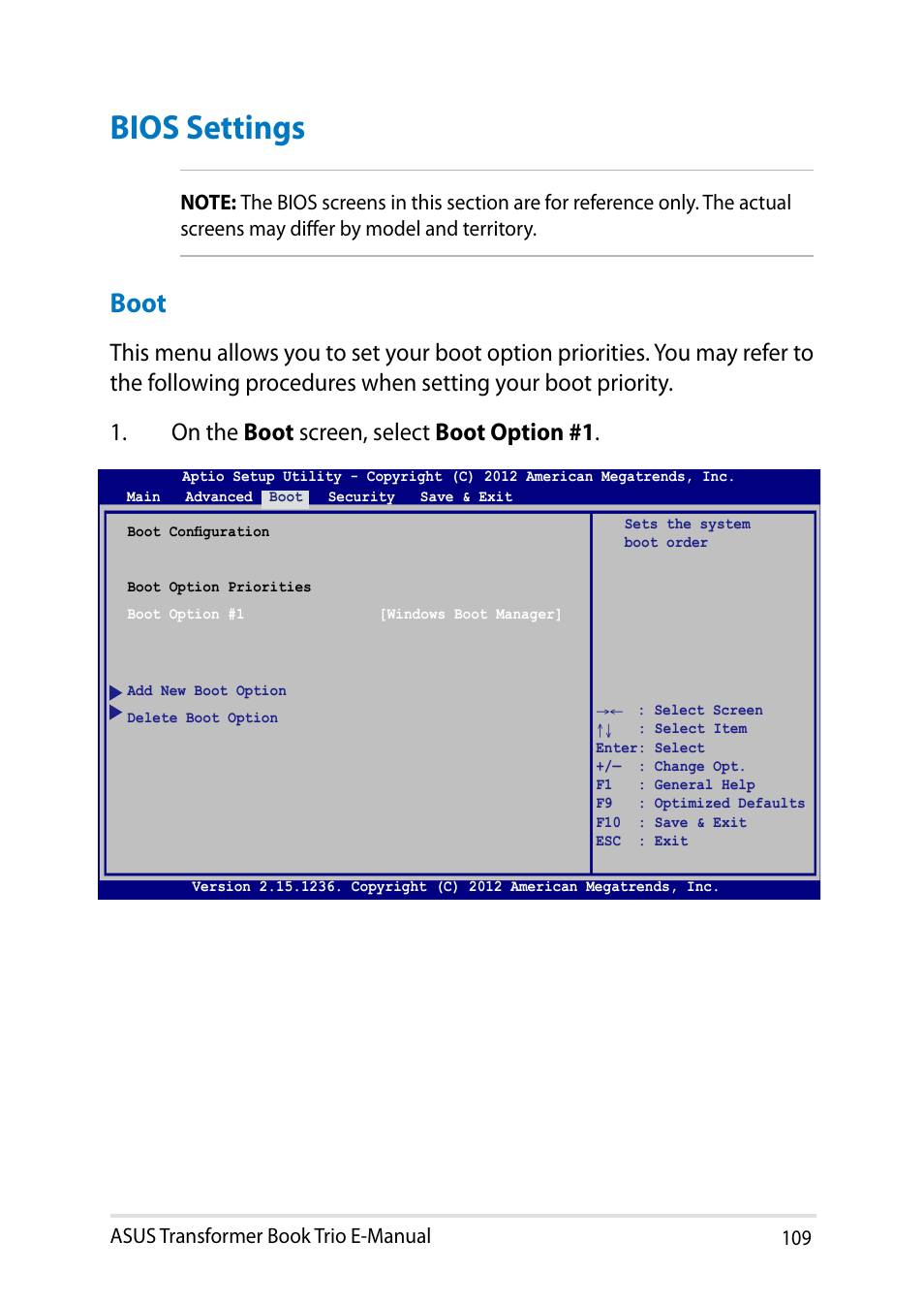 Bios settings, Boot | Asus TX201LA User Manual | Page 109 / 154