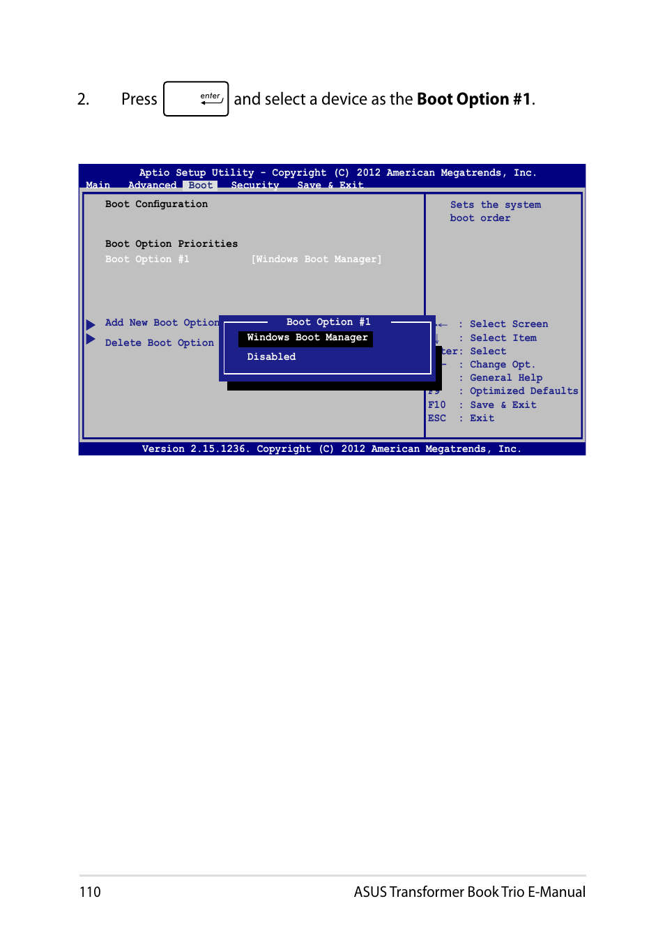 Press and select a device as the boot option #1, 110 asus transformer book trio e-manual | Asus TX201LA User Manual | Page 110 / 154