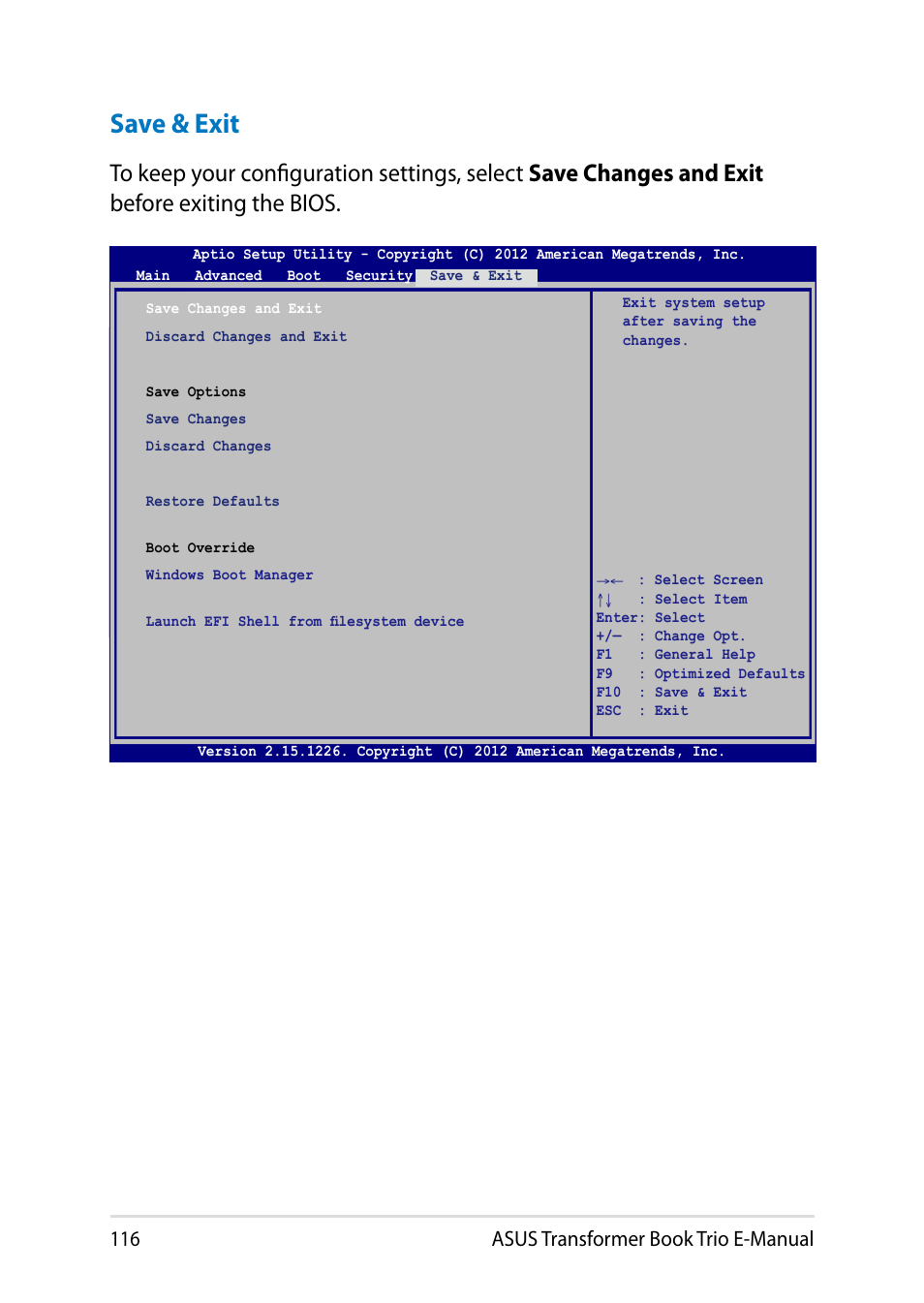 Save & exit, 11 asus transformer book trio e-manual | Asus TX201LA User Manual | Page 116 / 154