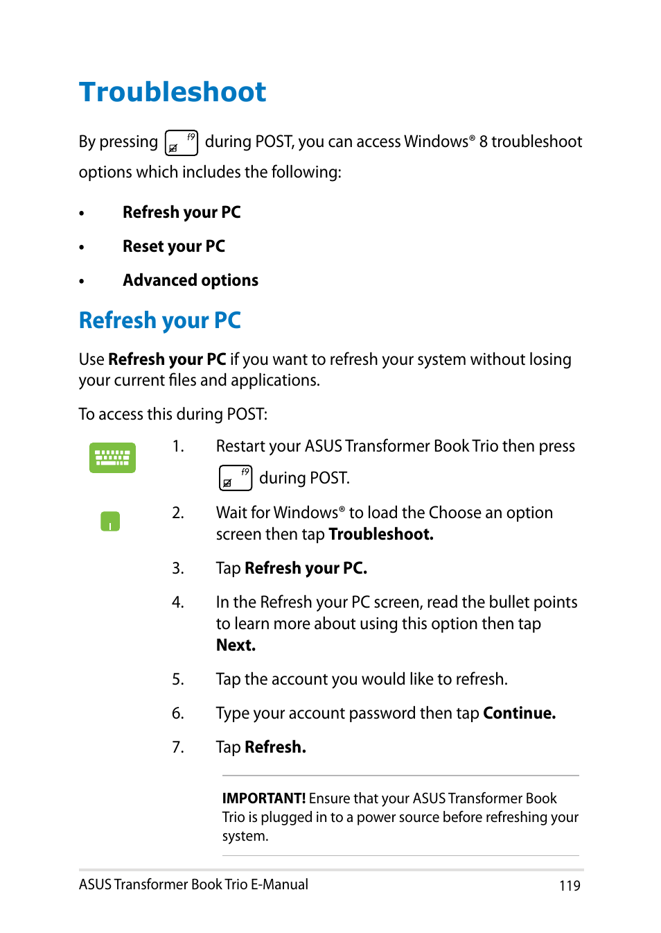 Troubleshoot, Refresh your pc | Asus TX201LA User Manual | Page 119 / 154