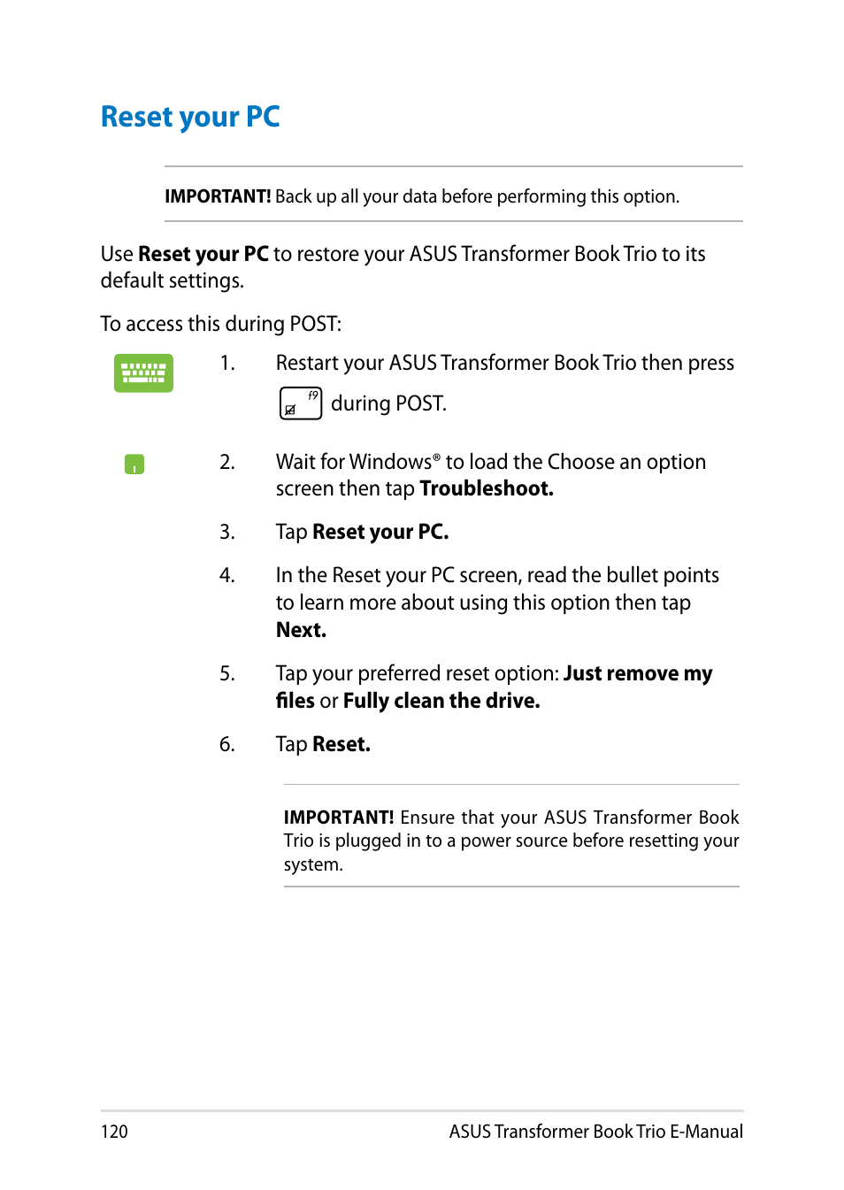 Reset your pc | Asus TX201LA User Manual | Page 120 / 154