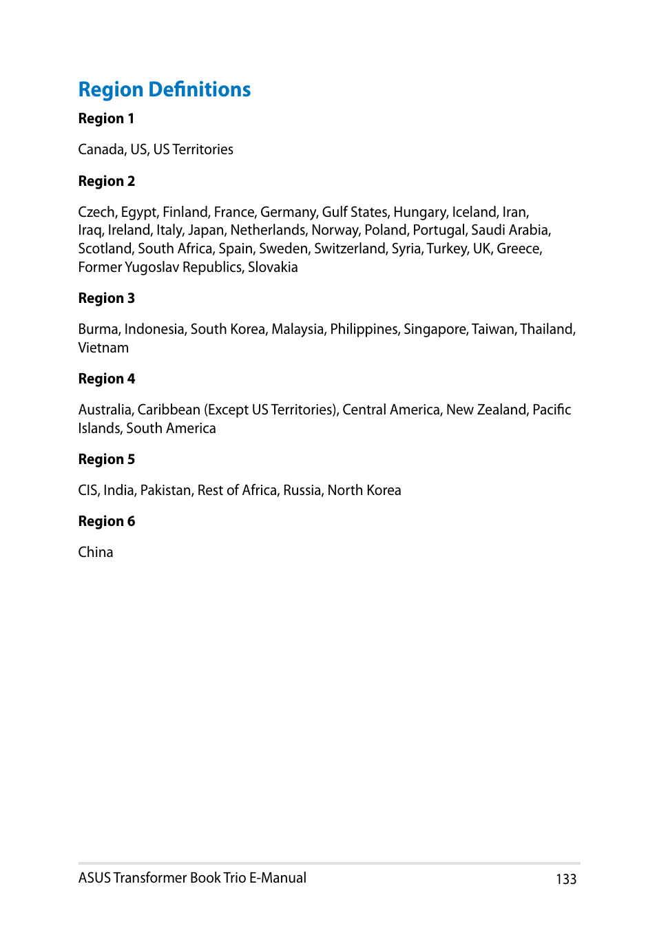 Region definitions | Asus TX201LA User Manual | Page 133 / 154