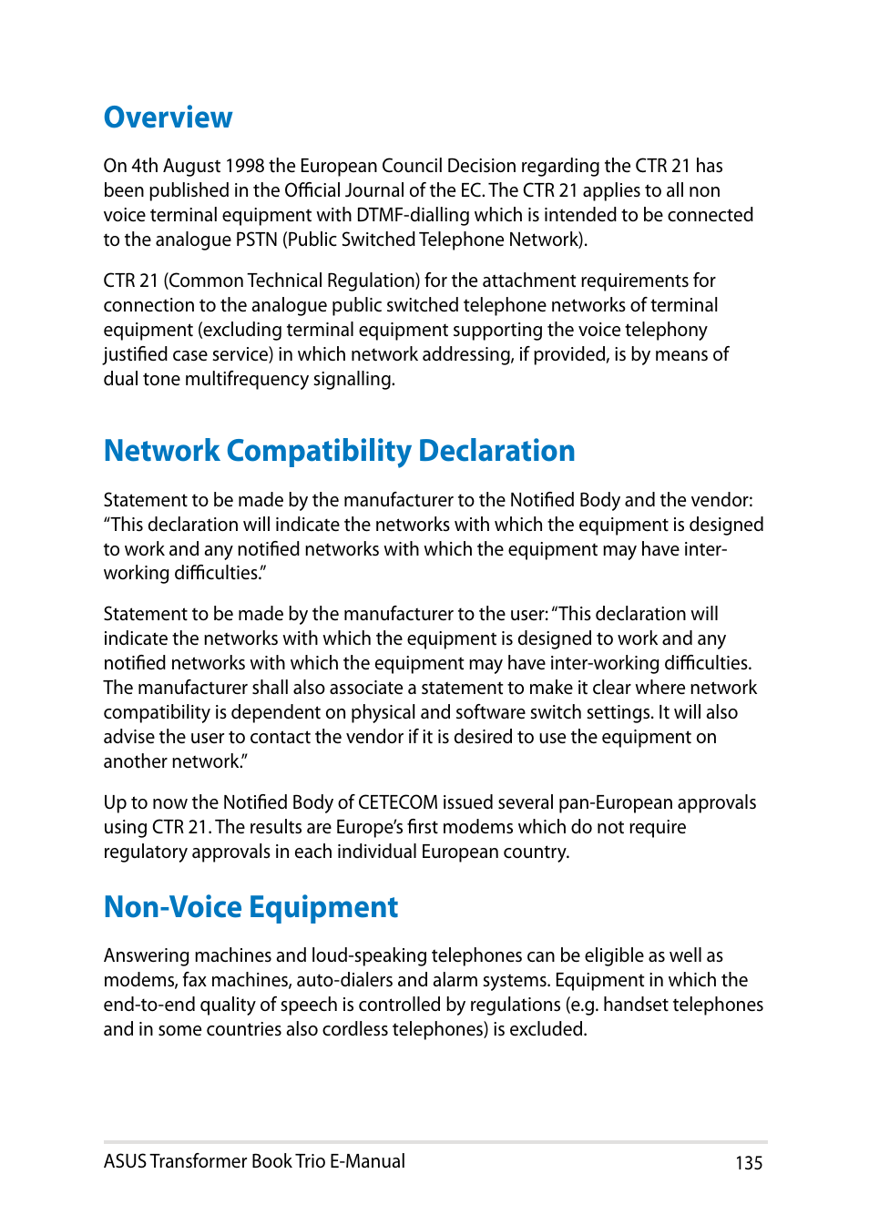 Overview, Network compatibility declaration, Non-voice equipment | Asus TX201LA User Manual | Page 135 / 154