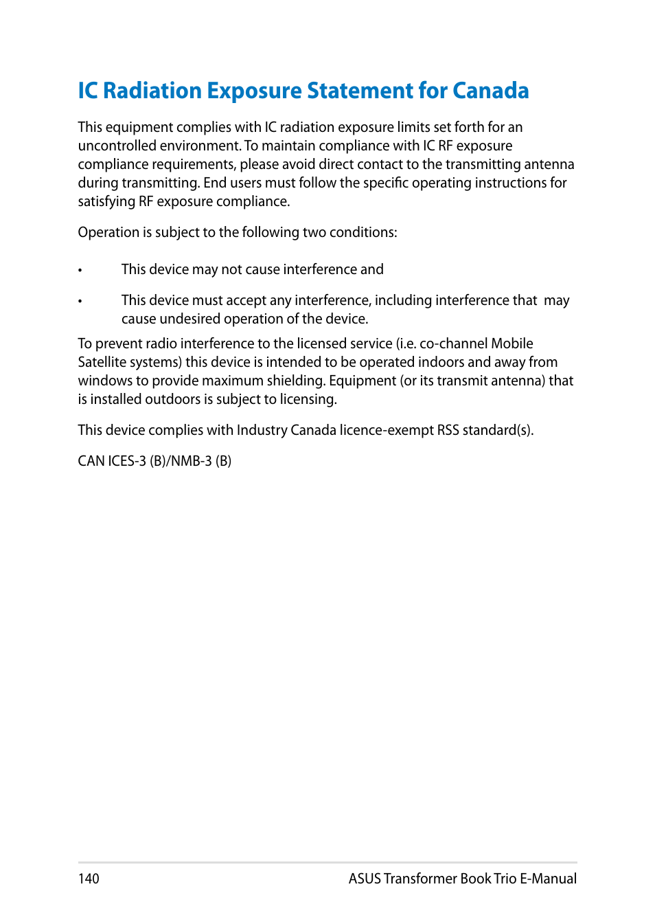 Ic radiation exposure statement for canada | Asus TX201LA User Manual | Page 140 / 154