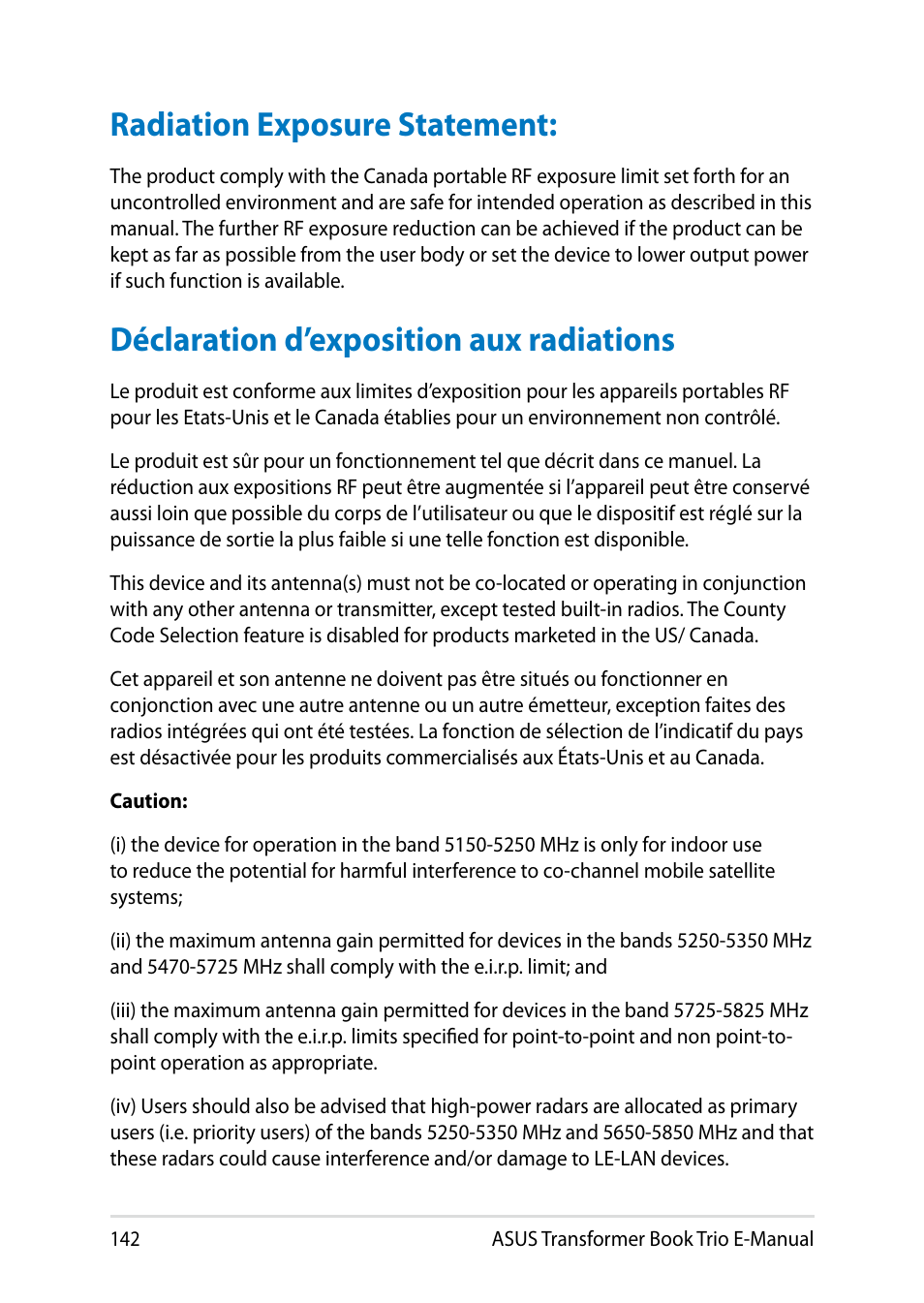 Radiation exposure statement, Déclaration d’exposition aux radiations | Asus TX201LA User Manual | Page 142 / 154