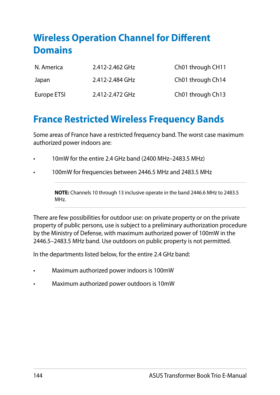 Wireless operation channel for different domains, France restricted wireless frequency bands | Asus TX201LA User Manual | Page 144 / 154