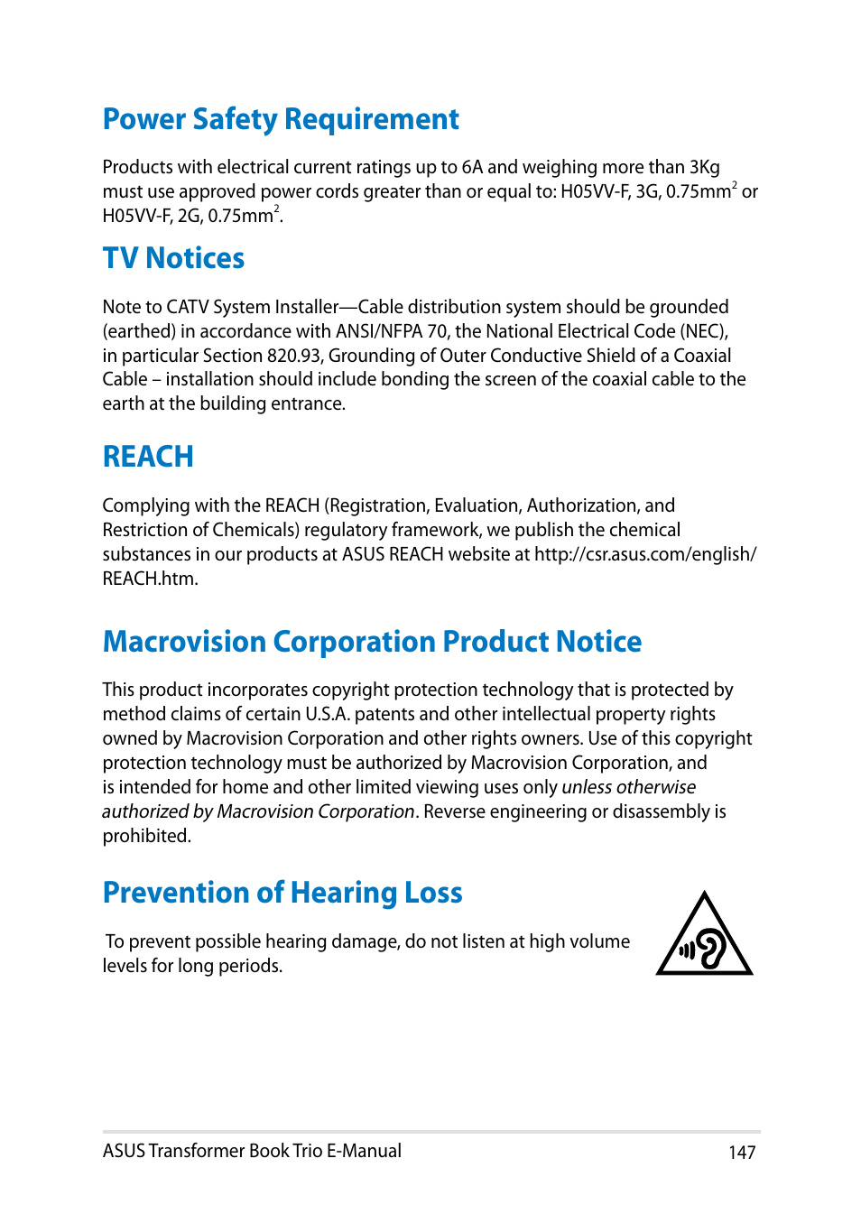 Power safety requirement, Tv notices, Reach | Macrovision corporation product notice, Prevention of hearing loss | Asus TX201LA User Manual | Page 147 / 154