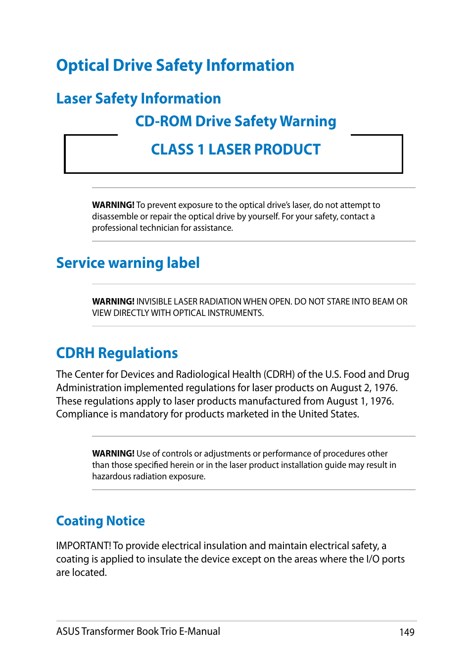 Optical drive safety information, Laser safety information, Cdrh regulations | Coating notice | Asus TX201LA User Manual | Page 149 / 154