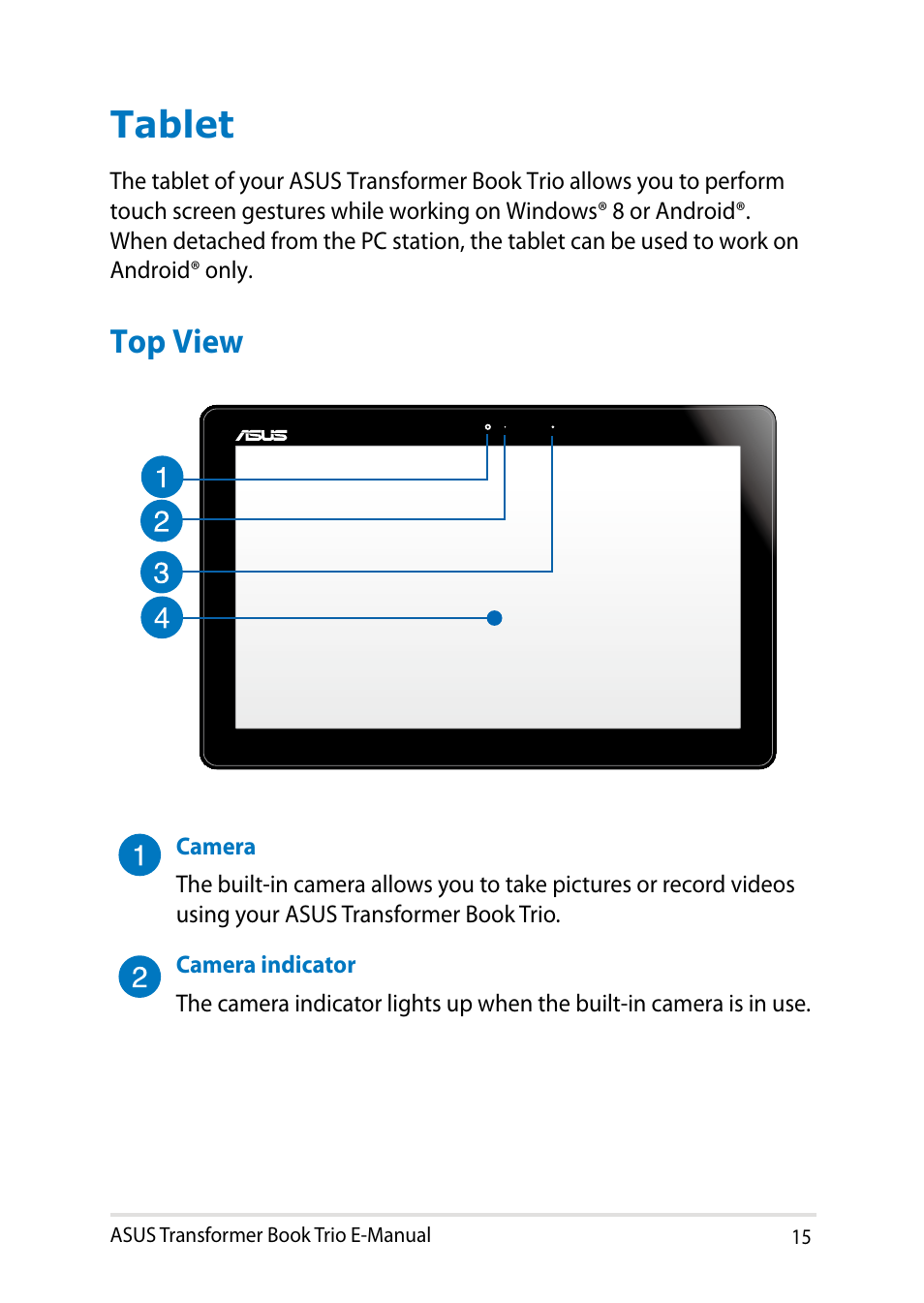 Tablet, Top view | Asus TX201LA User Manual | Page 15 / 154