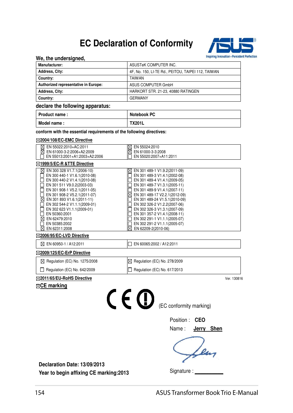 Ec declaration of conformity, 1 asus transformer book trio e-manual | Asus TX201LA User Manual | Page 154 / 154