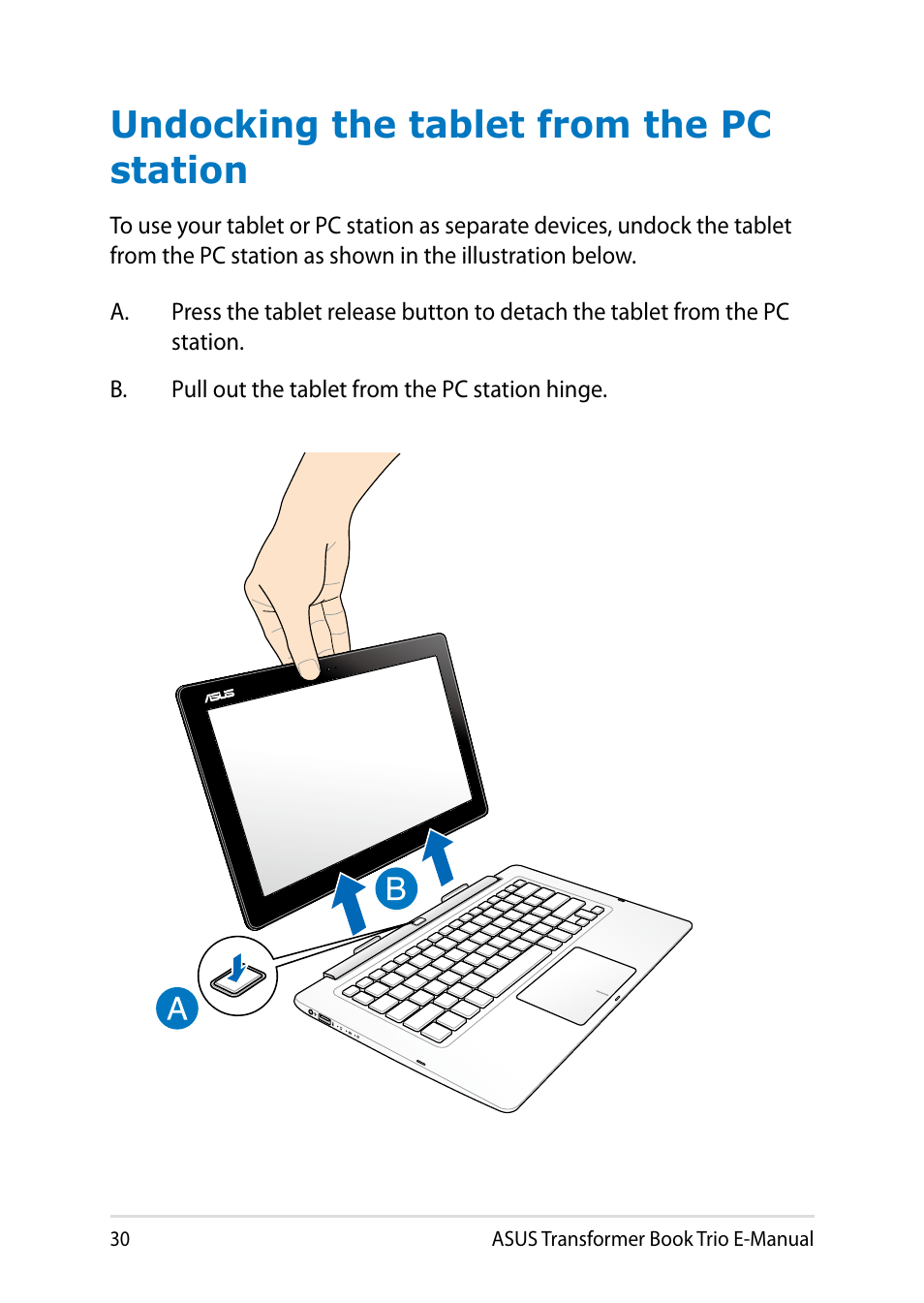 Undocking the tablet from the pc station | Asus TX201LA User Manual | Page 30 / 154