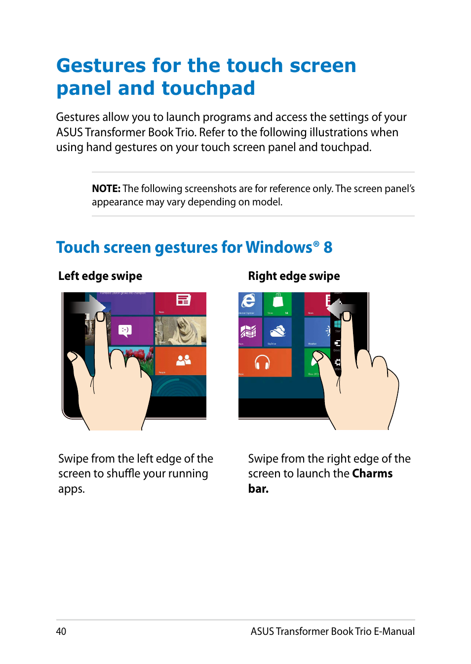 Gestures for the touch screen panel and touchpad, Touch screen gestures for windows® 8 | Asus TX201LA User Manual | Page 40 / 154