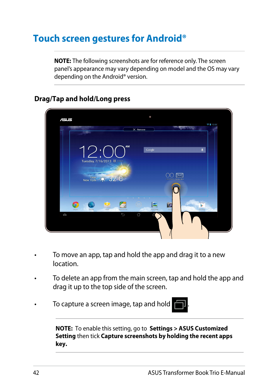 Touch screen gestures for android | Asus TX201LA User Manual | Page 42 / 154