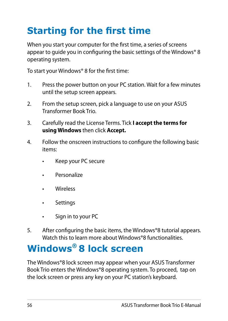 Starting for the first time, Windows® 8 lock screen, Starting for the first time windows | 8 lock screen, Windows | Asus TX201LA User Manual | Page 56 / 154