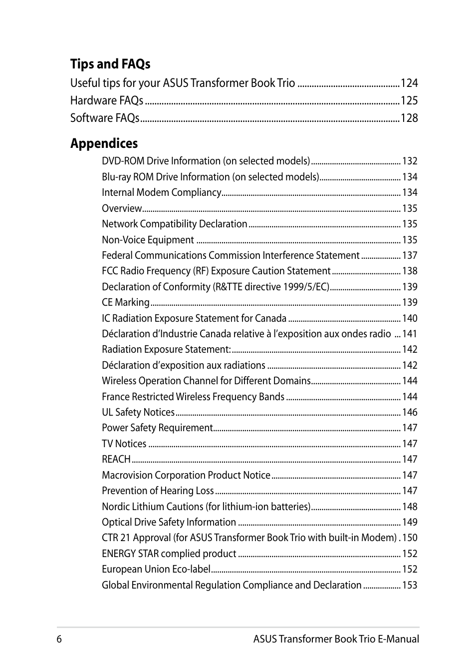 Tips and faqs, Appendices | Asus TX201LA User Manual | Page 6 / 154