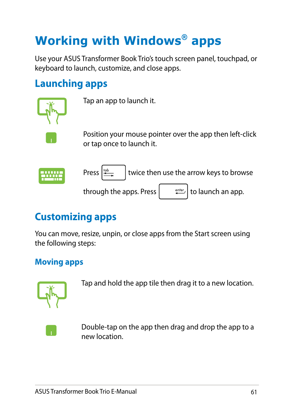 Working with windows® apps, Launching apps, Customizing apps | Working with windows, Apps, Launching apps customizing apps | Asus TX201LA User Manual | Page 61 / 154