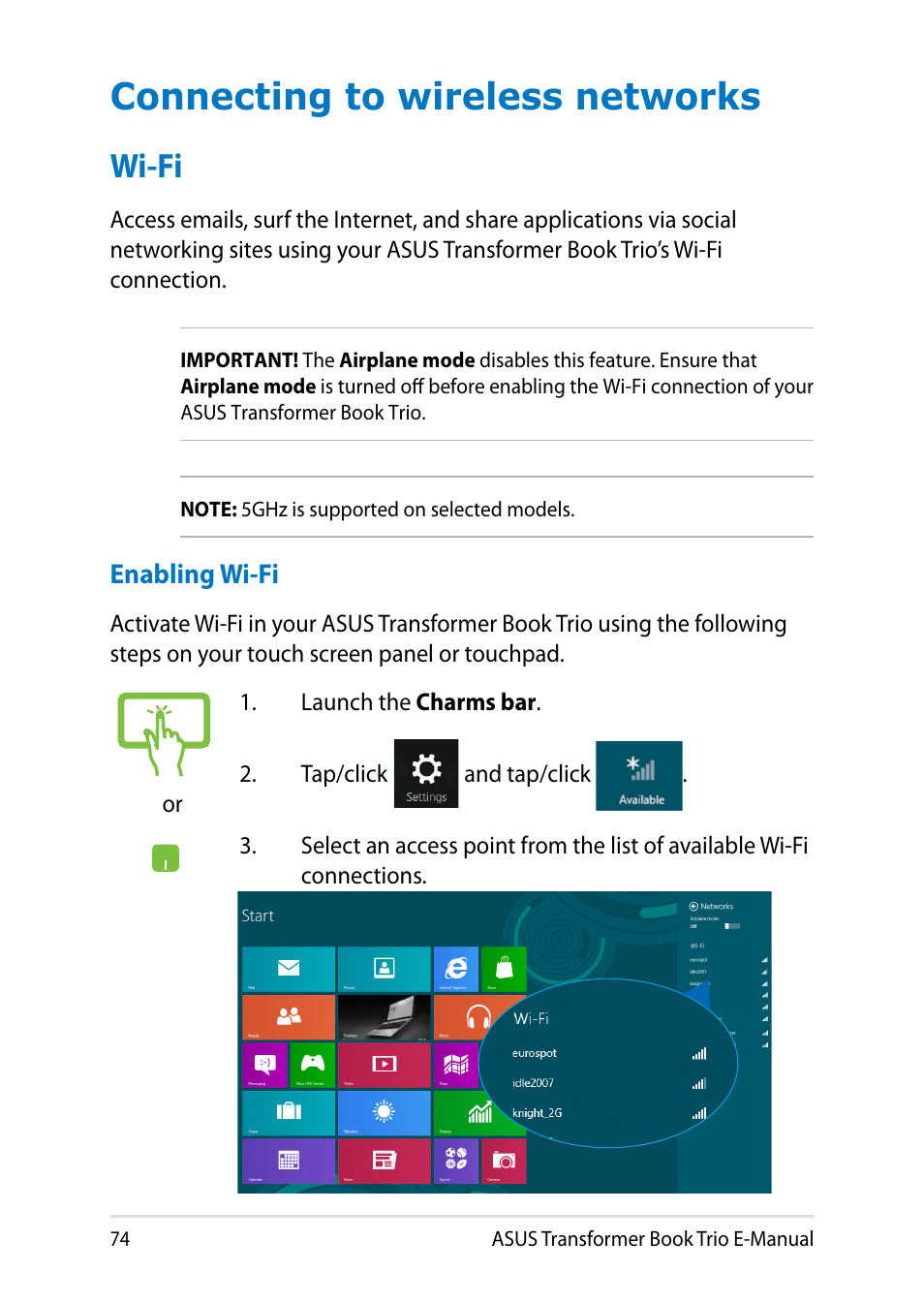 Connecting to wireless networks, Wi-fi | Asus TX201LA User Manual | Page 74 / 154